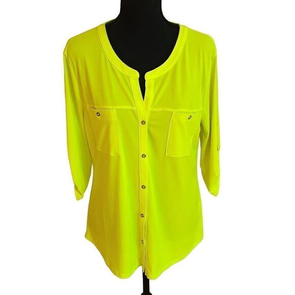 Ellen Tracy Womens Yellow Tab Sleeves Button Front Blouse Large - Picture 14 of 14